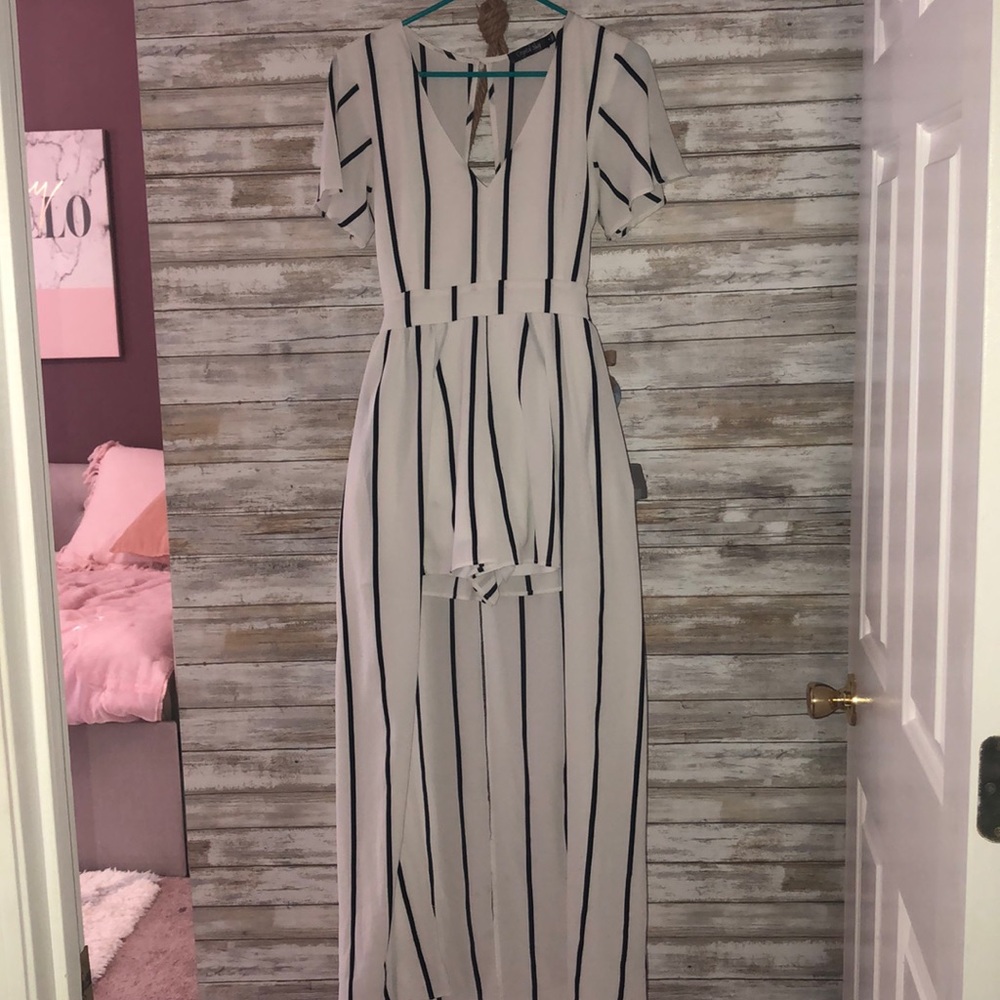 Striped overlay romper